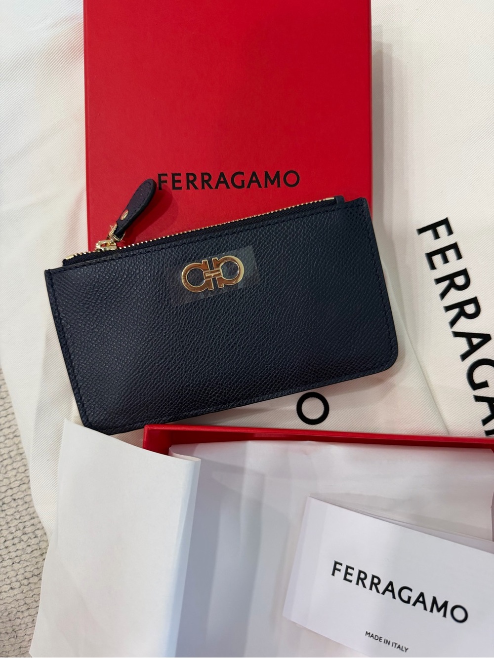 Salvatore Ferragamo Navy Blue Leather Zip Card Pouch with Gancini Hardware